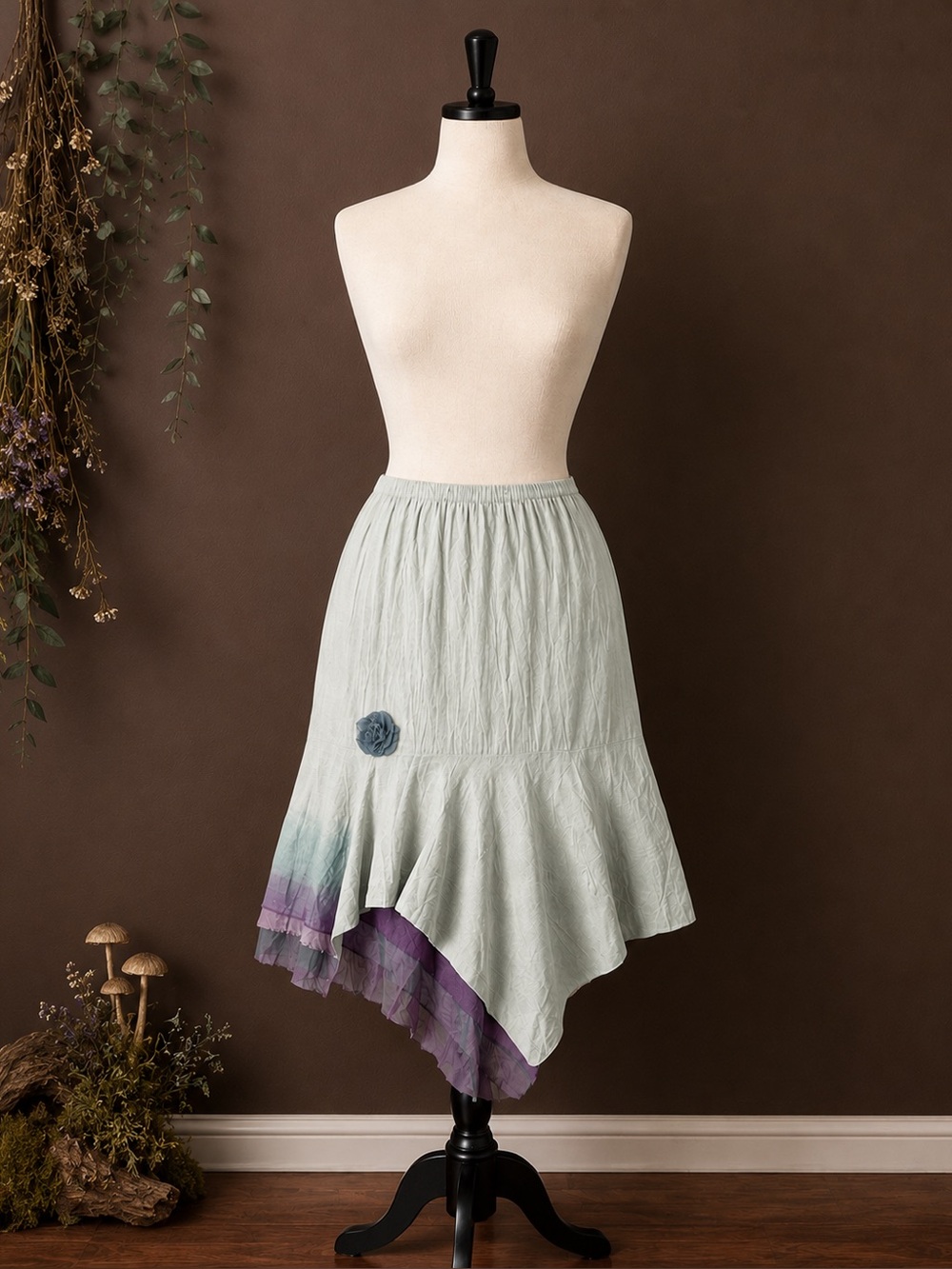 Vintage Silk Blend Sage Asymmetrical whimsical fairy Skirt